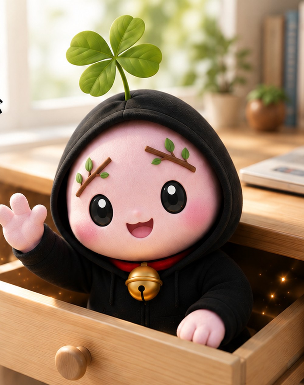 四葉のクローバー、枝の眉、黒いフード、鈴を身につけたYOKOEMON